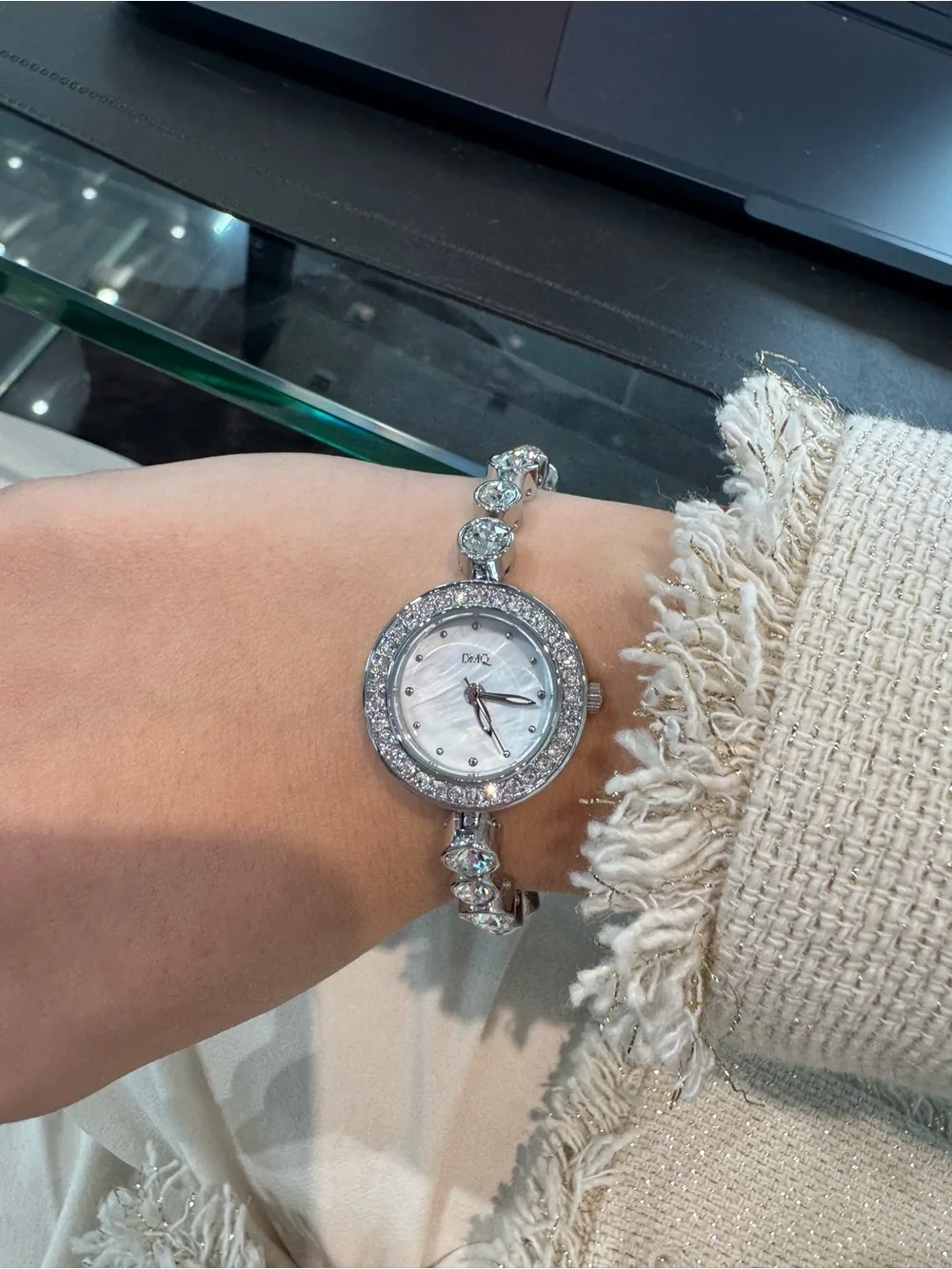 DMQ Women's Silver-Tone Quartz Watch w/ Round Crystal Link Bracelet